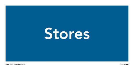 A sign featuring the word Stores in crisp white text set against a blue background, reminiscent of a safety sign. At the bottom edges, youll find website and product details that make finding local options as easy as shopping in Ireland.