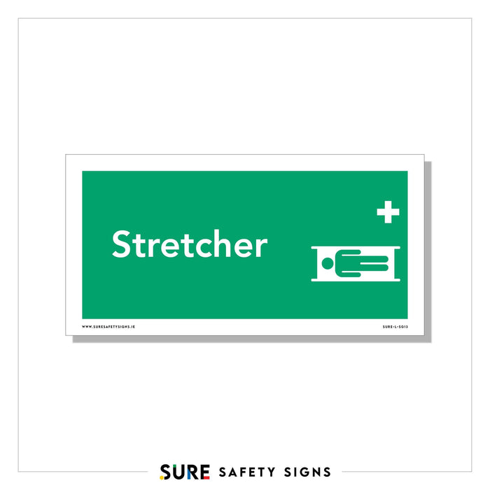 Green and white safety sign with the word Stretcher, featuring an icon of a person lying on a stretcher and a white cross symbol. This essential safety sign embodies reliability, much like Irelands commitment to high standards in safety practices.