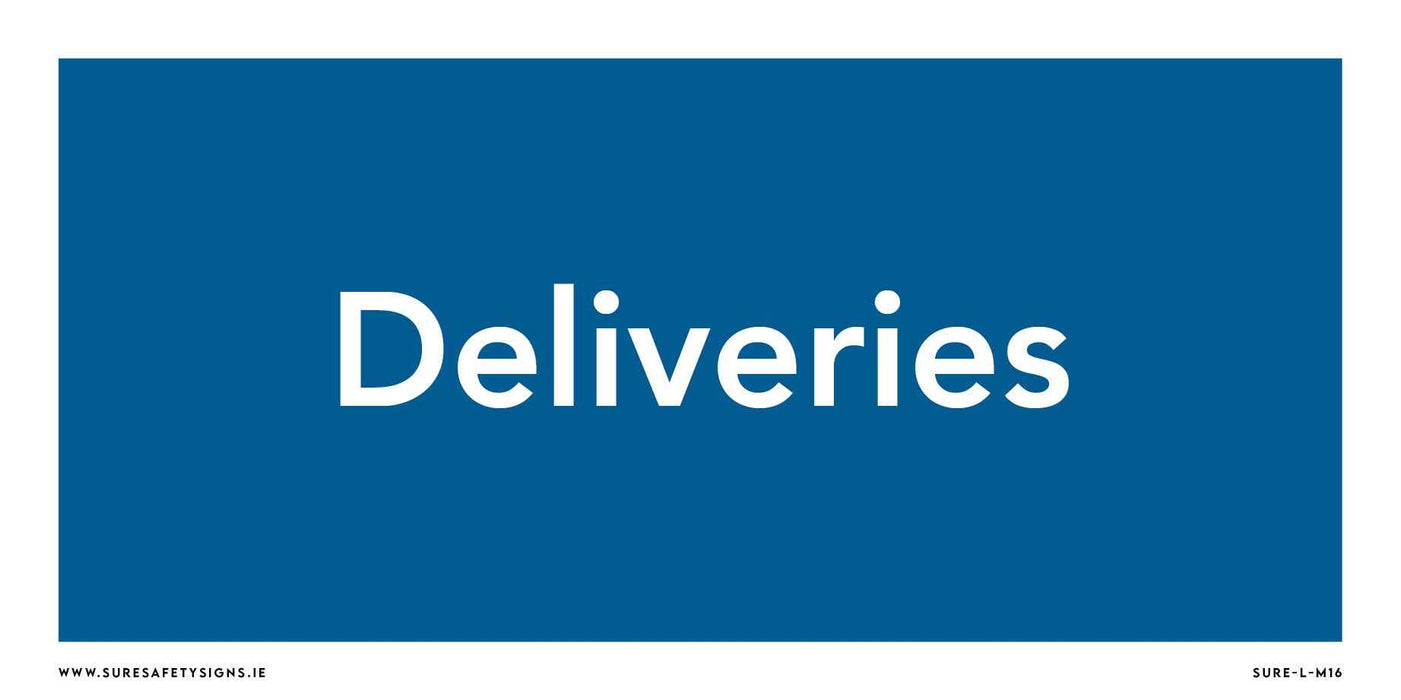 A blue delivery sign with white text reads Deliveries, serving as effective informational signage. The bottom corners include a website address and a code for easy delivery area identification.