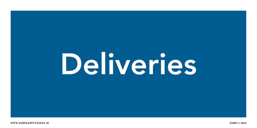 A blue delivery sign with white text reads Deliveries, serving as effective informational signage. The bottom corners include a website address and a code for easy delivery area identification.