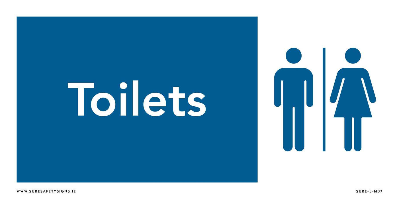 A blue and white safety sign indicating toilets in Ireland. It features male and female symbols on the right, with the word Toilets prominently displayed on the left.