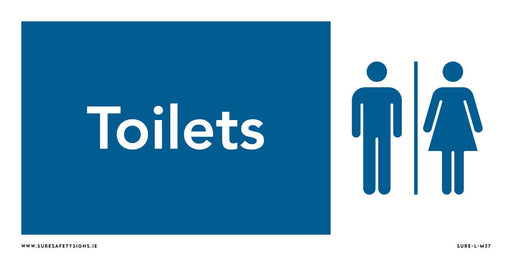A blue and white safety sign indicating toilets in Ireland. It features male and female symbols on the right, with the word Toilets prominently displayed on the left.