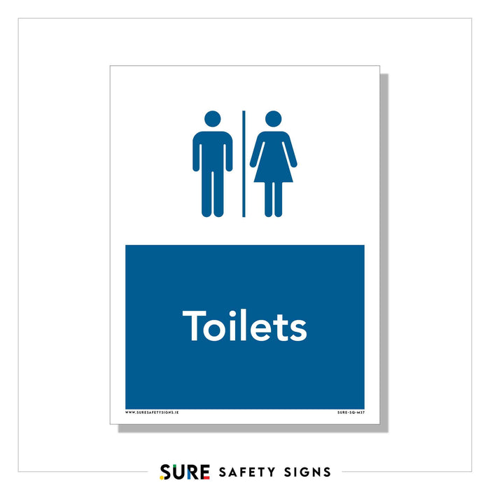 Sign displaying male and female icons above the word Toilets in blue, indicating restroom location, is reminiscent of a commonly found safety sign in Ireland.