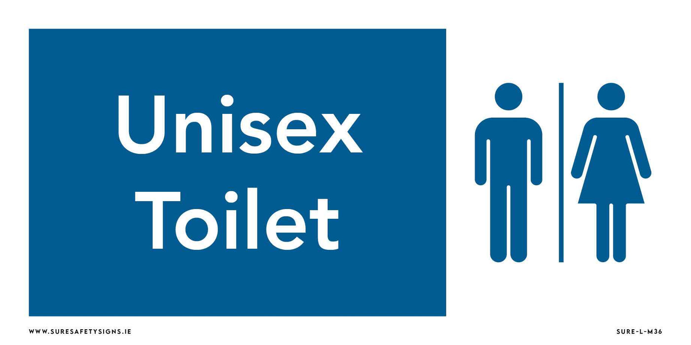 A clear facility identification features a unisex toilet sign on a blue background with white text. To the right, universal pictograms depict icons of a person in pants and a person in a dress, separated by a vertical line.