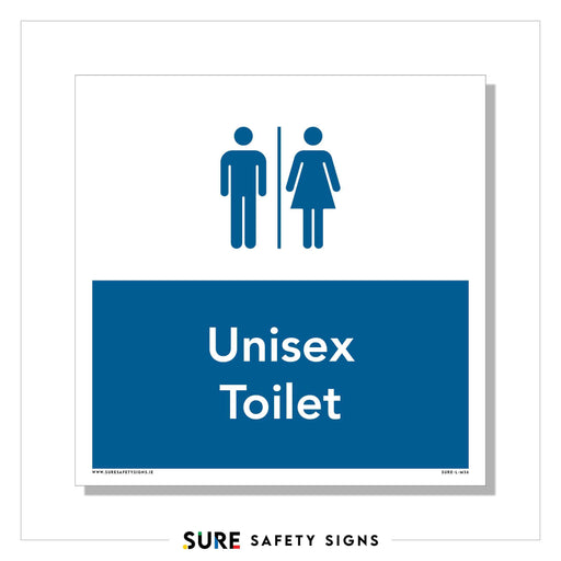 Unisex Toilet Sign features a clear facility identification with universal pictograms, displaying male and female stick figures divided by a vertical line. The text Unisex Toilet rests on a blue background, with branding at the bottom: SURE SAFETY SIGNS.