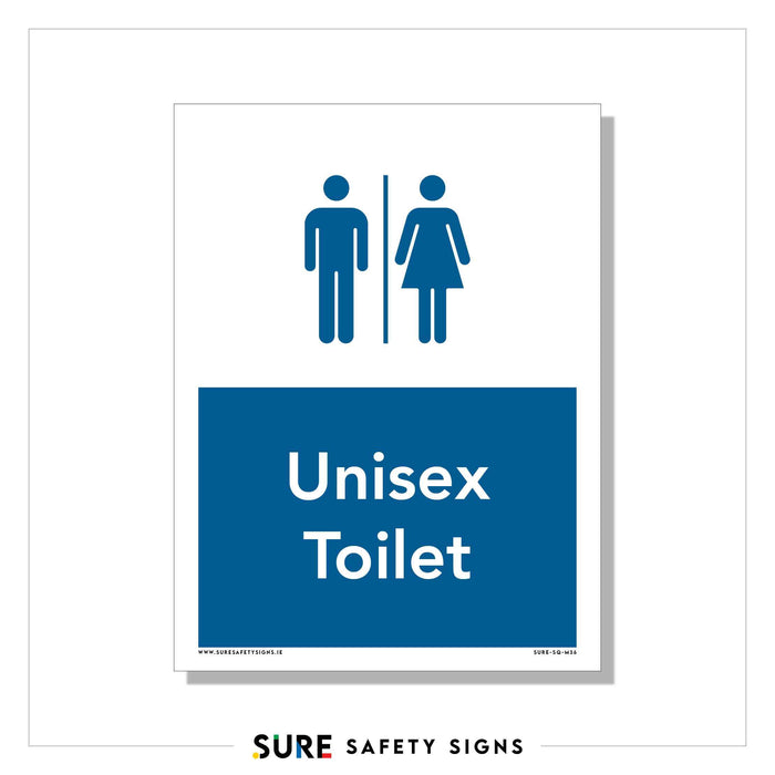 Sign displaying universal pictograms of a person and a person wearing a dress, both in blue, on a white background with a vertical line between them. Below, it reads Unisex Toilet in white text on a blue background for clear facility identification.