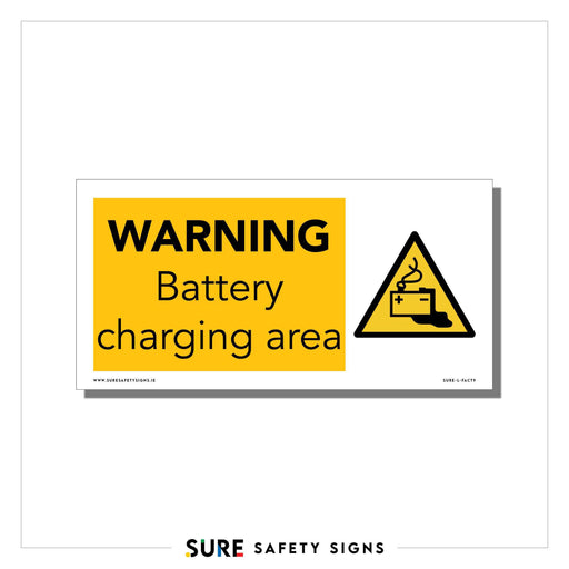 Yellow and black sign with WARNING Battery Charging Safety text and a triangular symbol showing a battery with smoke, indicating potential hazards. This Charging Station Sign is crucial for Electrical Accidents Prevention.