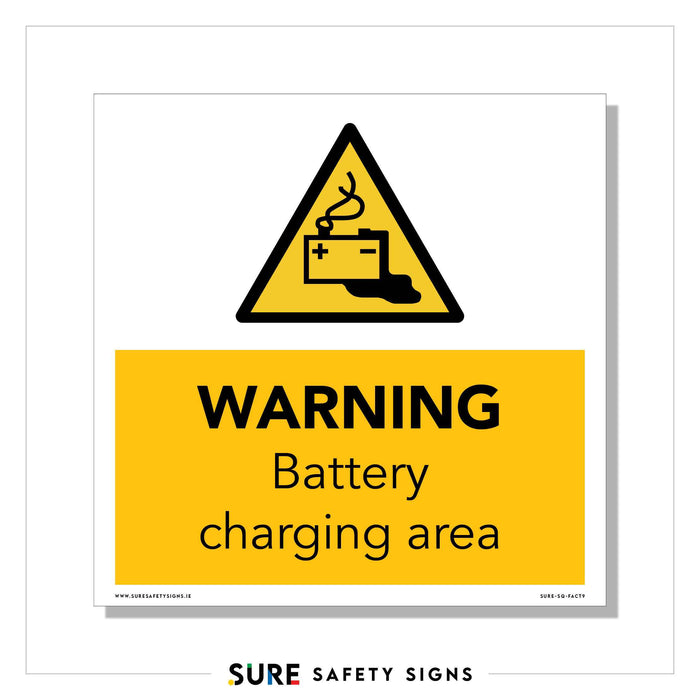 Warning sign with a yellow background and a black triangle symbol depicting a battery leaking liquid. Text reads: WARNING Battery charging area. This Charging Station Sign is crucial for Electrical Accidents Prevention, ensuring awareness of potential hazards in the Battery Charging Safety zone.