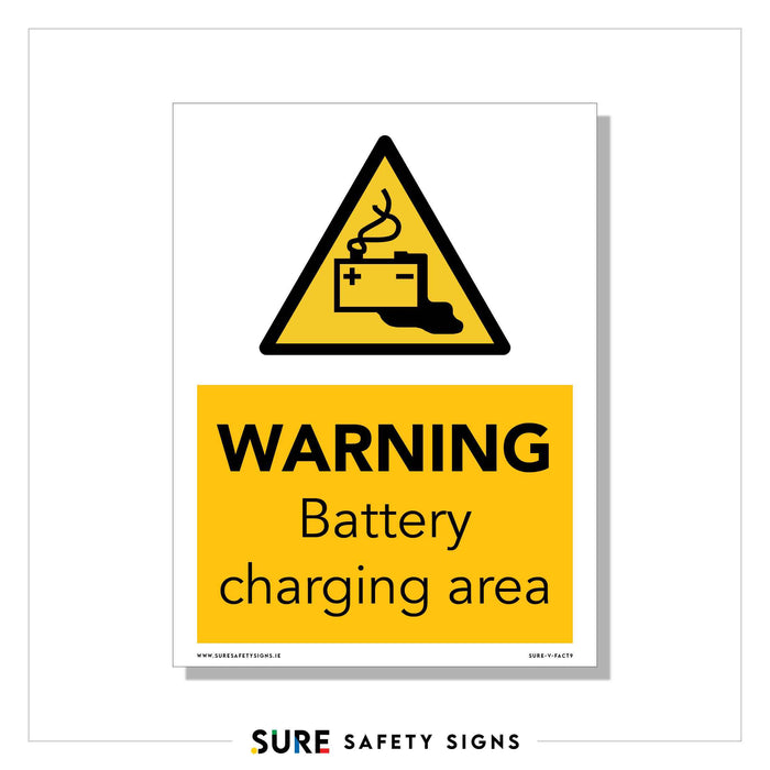 A warning sign with a battery symbol and liquid spill inside a triangular caution icon emphasizes Battery Charging Safety. Below, text reads: WARNING Battery charging area on a yellow background, crucial for Electrical Accidents Prevention.