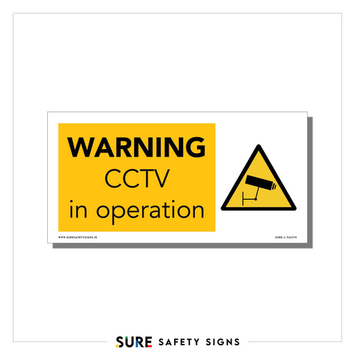 A safety sign on a yellow background with bold black text states WARNING CCTV in operation. It features a triangular caution symbol showcasing a black camera icon, commonly seen across Ireland to ensure security and vigilance.