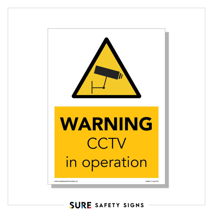 A yellow safety sign with a triangular symbol displays a CCTV camera, alerting you that WARNING CCTV in operation. This sign indicates active surveillance cameras in the area, ensuring your security and compliance with regulations common in places like Ireland.