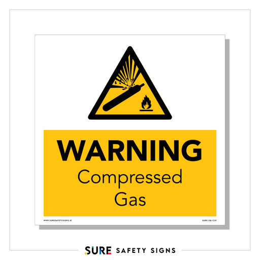 Safety sign featuring a triangular symbol of an exploding gas cylinder and flames, with WARNING Compressed Gas on a yellow background. Perfect for workplaces in Ireland emphasizing the importance of safety measures.