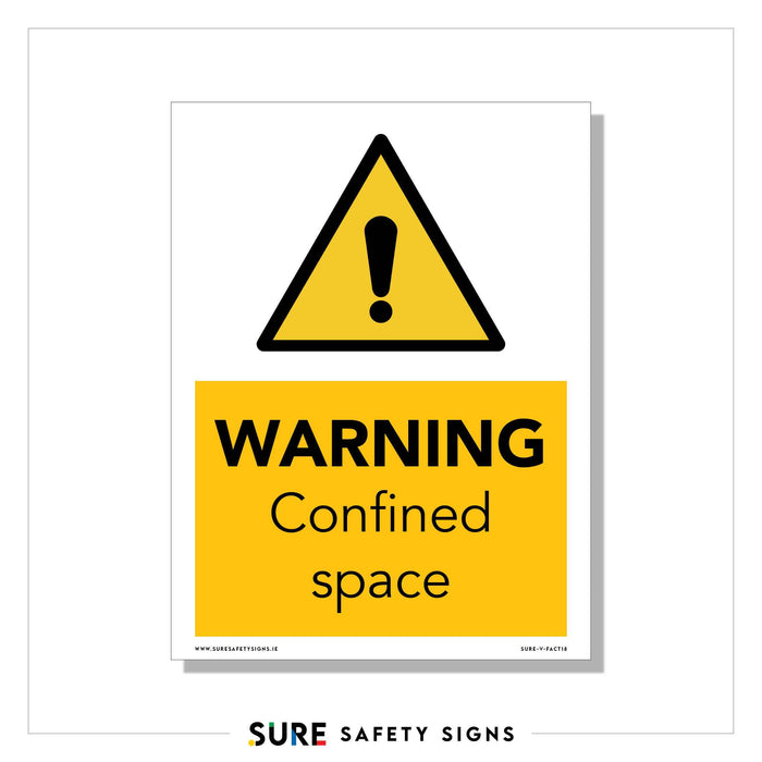 A safety sign commonly seen in Ireland features a yellow triangle with an exclamation mark above the bold text WARNING Confined Space, all set against a yellow background with a white border.