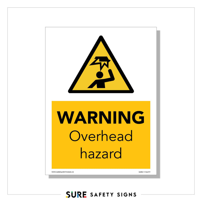 A warning sign with a triangle showing a person being struck by an object from above reflects industrial hazard signage. Below is a yellow rectangle with the text WARNING Overhead hazard.