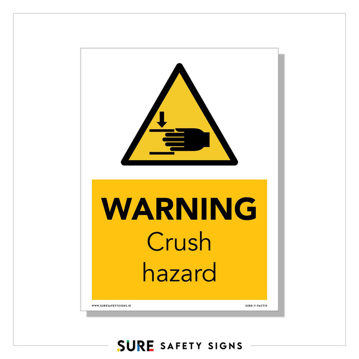 Yellow warning sign with a triangle illustrating a hand caught between objects, signaling the importance of pinch points prevention. Below is the text WARNING Crush hazard in black on a yellow background.