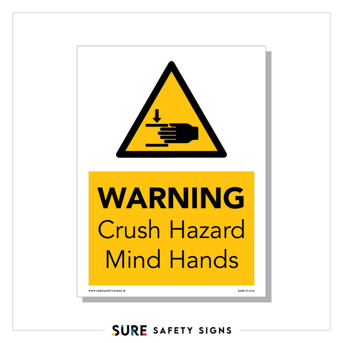Yellow warning sign with a triangle graphic of a hand being crushed by a downward arrow. Bold text reads WARNING: Crush Hazard Mind Hands. Sign by Sure Safety Signs, emphasizing Hand Safety.