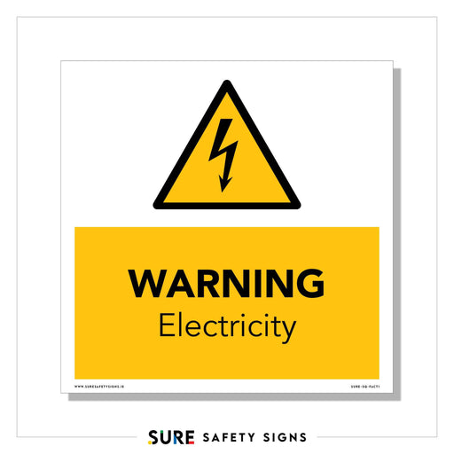A yellow triangle with a lightning bolt symbol acts as a warning sign, clearly conveying WARNING Electricity. This crucial safety sign, reminiscent of those commonly found in Ireland, is set against a white background with SURE SAFETY SIGNS elegantly printed at the bottom.