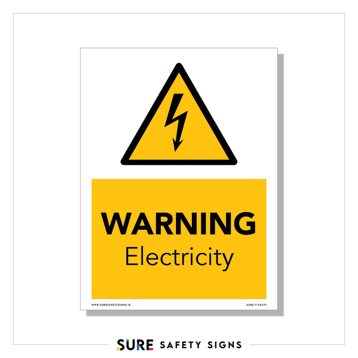 A triangular safety sign featuring a lightning bolt warns of electrical hazards, reading WARNING Electricity in bold black letters on a yellow background. This clear and effective message emphasizes the importance of caution, just as strict safety standards are maintained across Ireland.