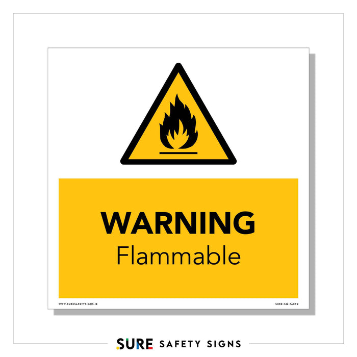 Yellow warning sign featuring a black flame symbol at the top, accompanied by the text WARNING Flammable in bold black. The clean design ensures clarity and visibility, making it a prime example of an effective safety sign. Provided by SURE SAFETY SIGNS, its trusted from Ireland to beyond.