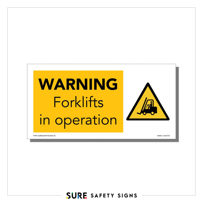 High-visibility warning sign with a yellow background and bold text reads, WARNING Forklifts in operation. To the right, a triangular symbol depicts a forklift. This critical safety warning sign alerts everyone to ongoing forklift operations in the area.