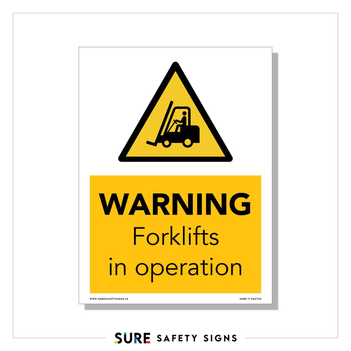 A high-visibility warning sign depicts a person driving a forklift inside a triangular caution symbol. Bold text below reads WARNING Forklifts in operation on a yellow background. The sign features Sure Safety Signs branding at the bottom, emphasizing safety during forklift operation.