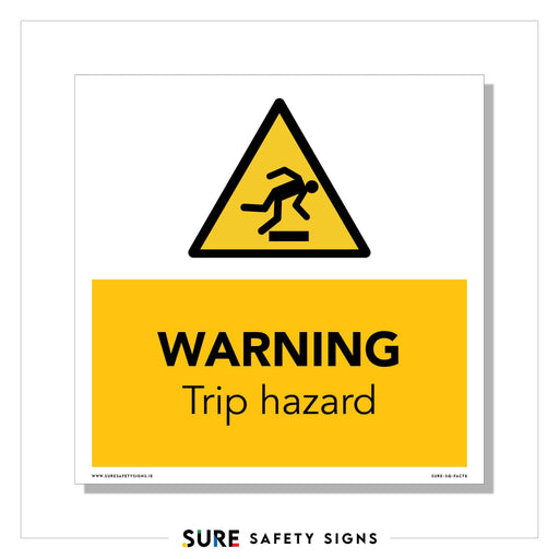 A yellow triangular warning sign, crucial for workplace safety, features a black figure tripping over. Below it, a rectangular yellow section reads WARNING Trip hazard. The sign is bordered in white to help prevent falls.