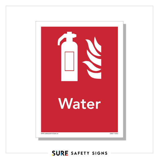 Red safety sign featuring a white water fire extinguisher icon with flames beside it. The word Water is prominently displayed below, indicating the extinguisher location.