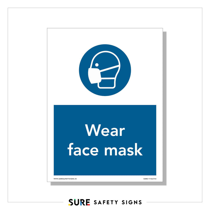 Safety sign with a white figure donning a mask on a blue circle background, highlighting PPE requirements. Below, the text reads Wear face mask in white letters on a blue rectangle. The sign is from Sure Safety Signs.