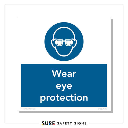 A blue and white safety sign in Ireland features an icon of a person wearing safety goggles, accompanied by the text Wear eye protection beneath it.