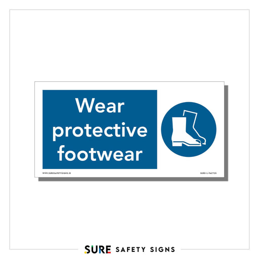Safety sign with a blue background displaying the text Wear protective footwear alongside a safety boot symbol, highlighting necessary foot protection with an icon of a boot featuring a protective covering.