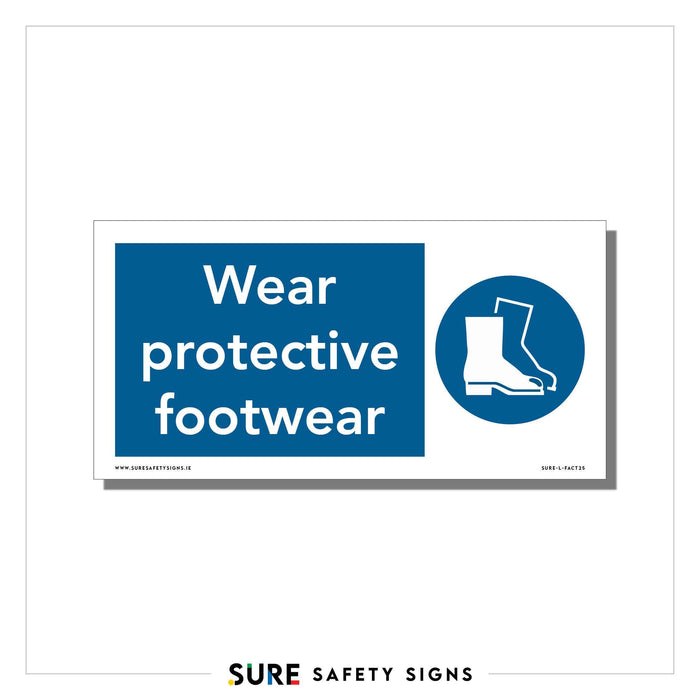 Safety sign with a blue background displaying the text Wear protective footwear alongside a safety boot symbol, highlighting necessary foot protection with an icon of a boot featuring a protective covering.
