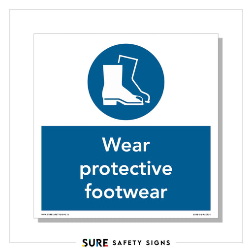 A safety sign features a safety boot symbol with an icon of boots in a blue circle above the text Wear protective footwear in white letters on a blue background.