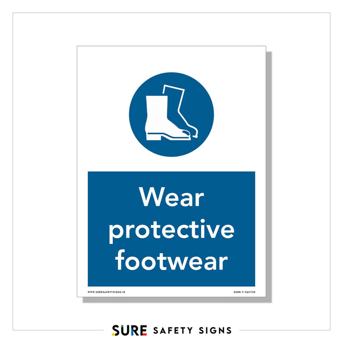 Safety sign featuring a blue circle with a white safety boot symbol. Below, text reads Wear protective footwear in white on a blue background, emphasizing foot protection.