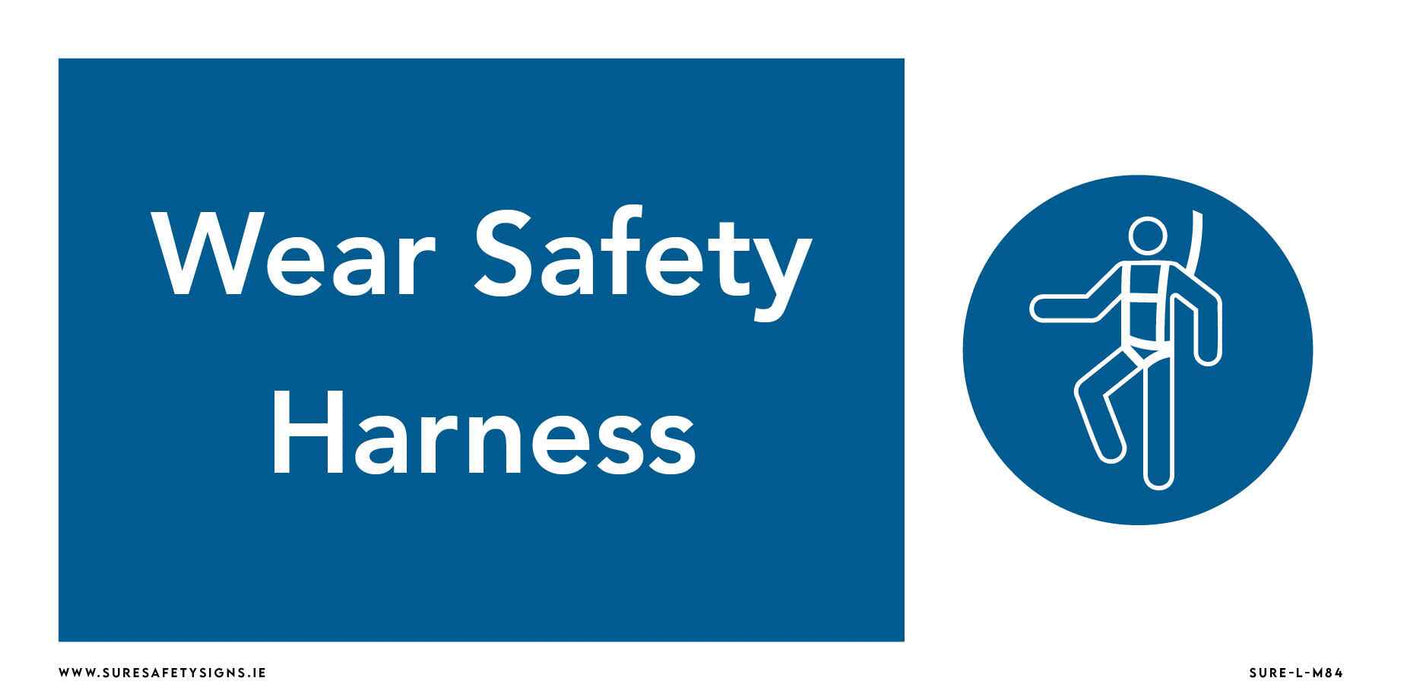 A blue and white PPE sign with the text Wear Safety Harness on the left. On the right, a circular icon features a simplified figure demonstrating height safety protection by wearing a safety harness.
