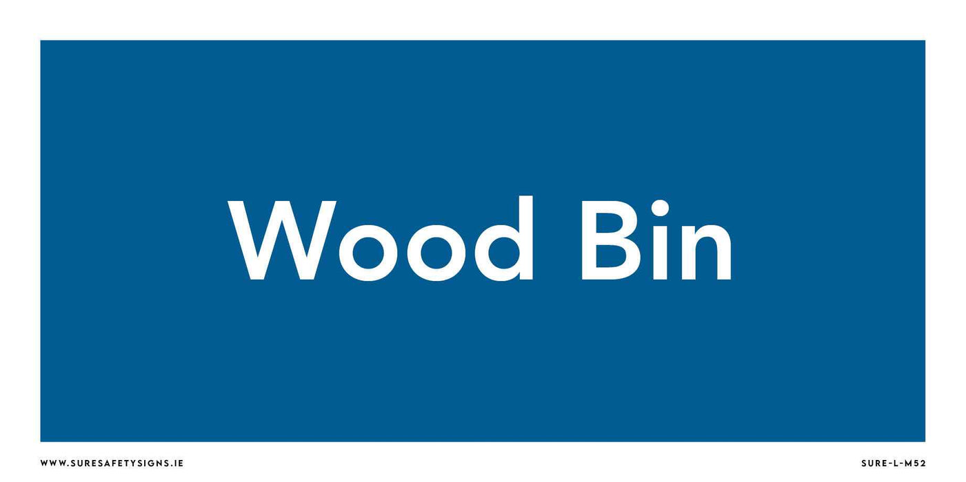 A blue rectangular sign with a weather-resistant finish features white text in the center reading Wood Bin, ideal for wood recycling points. The corners are surrounded by a crisp white border, offering clear waste management guidance.