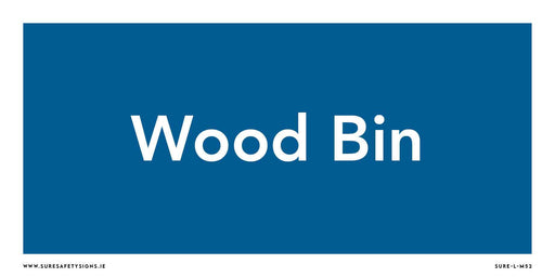 A blue rectangular sign with a weather-resistant finish features white text in the center reading Wood Bin, ideal for wood recycling points. The corners are surrounded by a crisp white border, offering clear waste management guidance.