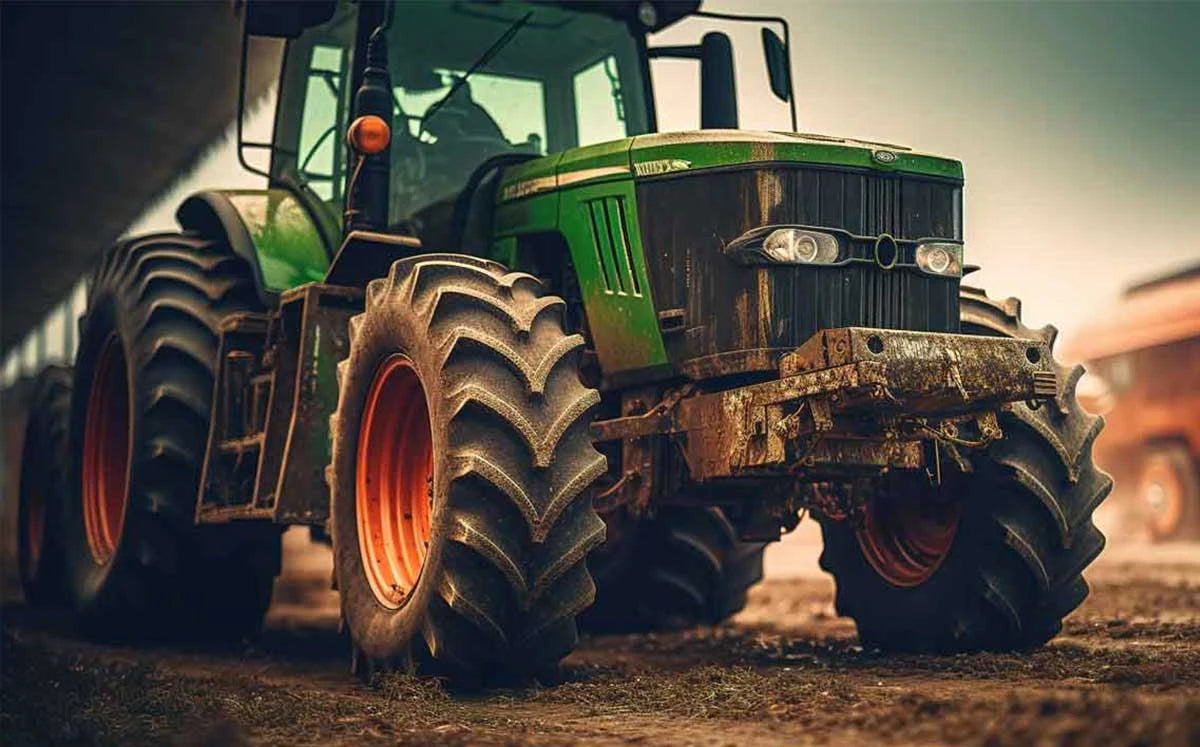 Close-up view of a large, muddy green tractor with thick, rugged tires and orange rims, parked on a dirt surface. 