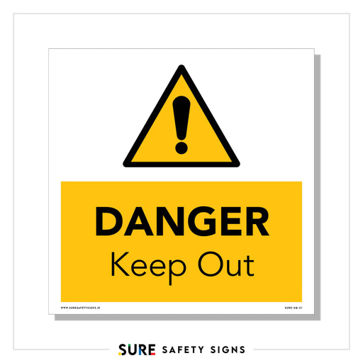 Yellow and black safety sign featuring an exclamation mark in a triangle above the words DANGER Keep Out, reminiscent of caution symbols often seen across Ireland.