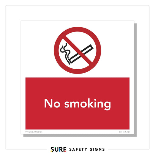 A red No smoking sign showcases a cigarette icon with smoke, crossed out by a red diagonal line, emphasizing workplace safety regulations. Beneath the icon, the bold text No smoking stands prominent on a vivid red background.