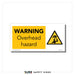 Yellow warning sign with a high-visibility yellow background. A triangular icon displays a person holding an umbrella alongside a falling object symbol, indicating WARNING Overhead Hazard. Text reads: WARNING Overhead Hazard.