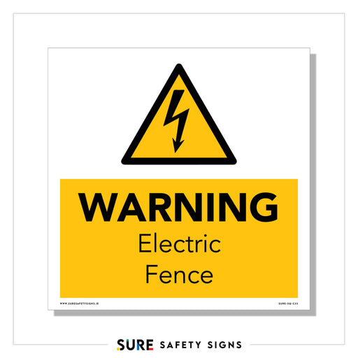 Square warning sign for electric fence showing black lightning bolt symbol in yellow triangle above text WARNING Electric Fence