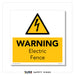 Square warning sign for electric fence showing black lightning bolt symbol in yellow triangle above text WARNING Electric Fence